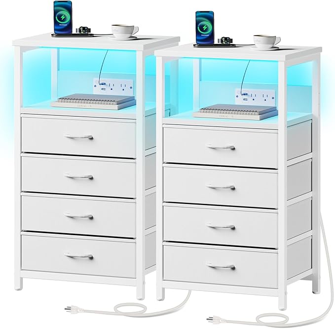 Seventable Night Stand with Charging Station, Tall Nightstand with 4 Fabric by Seventable