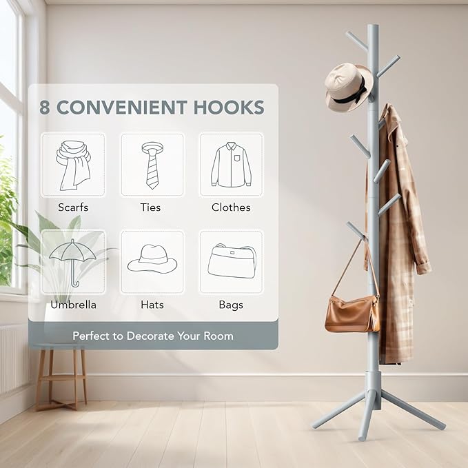 Wooden Tree Coat Rack Stand, Sturdy Freestanding Coat Rack - Image 6