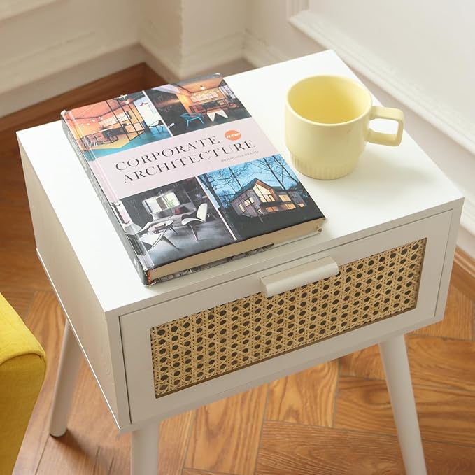 AWASEN White Rattan Nightstand, Modern Bedside Table - Image 4