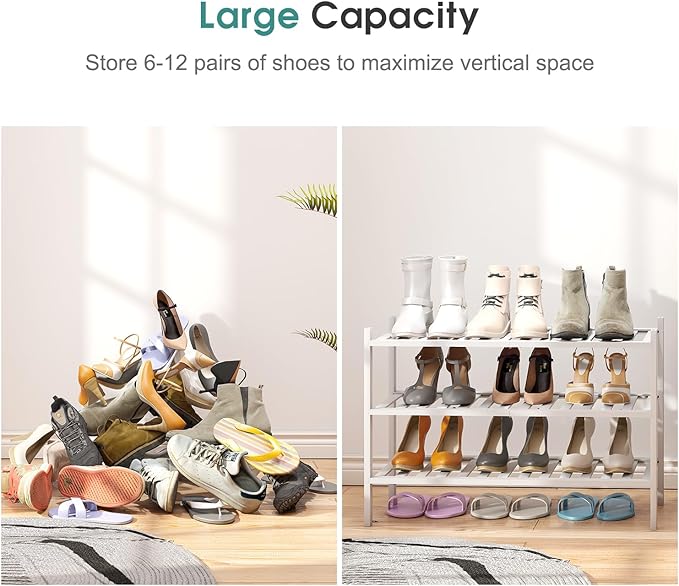 White Shoe Rack, 3-Tier Bamboo Wood Shoe Rack - Image 5