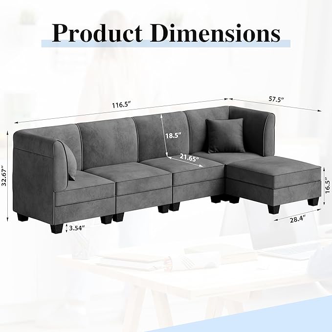 Shintenchi 5 Pieces Sectional Couch Modular Sofa, U Shaped Reversible Chaise - Image 2