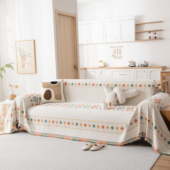 STACYPIK Modern Beige Sofa Cover, Boho Chenille Couch Cover - Image 2