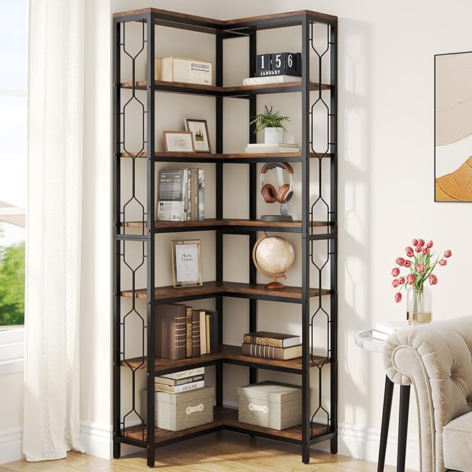 Tribesigns Corner Shelf, 7-Tier Industrial Corner Bookshelf, Wood and Metal by Tribesigns