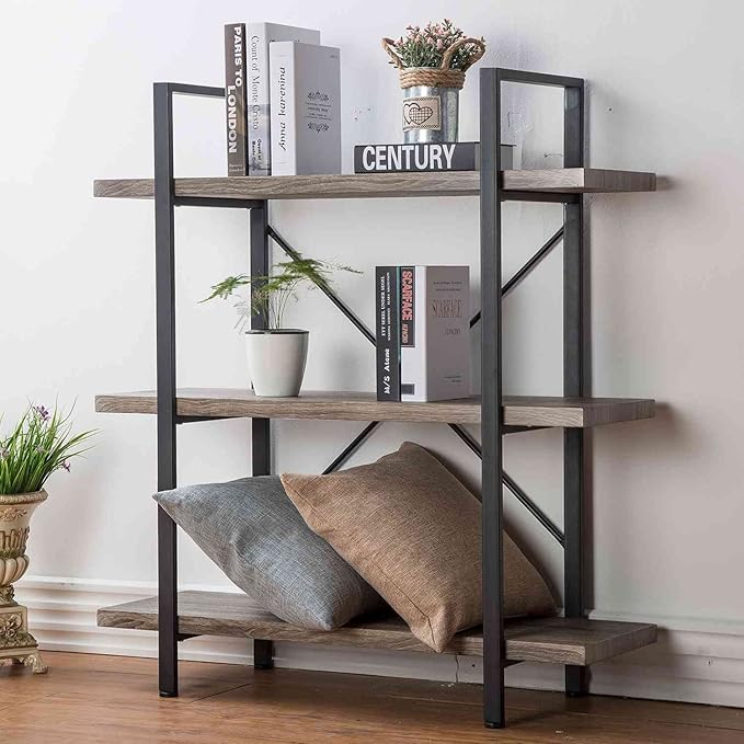 HSH 3-Shelf Bookcase, Rustic Gray 3 Tier Bookshelf, Vintage Industrial Wooden by HOMESWEETHOME