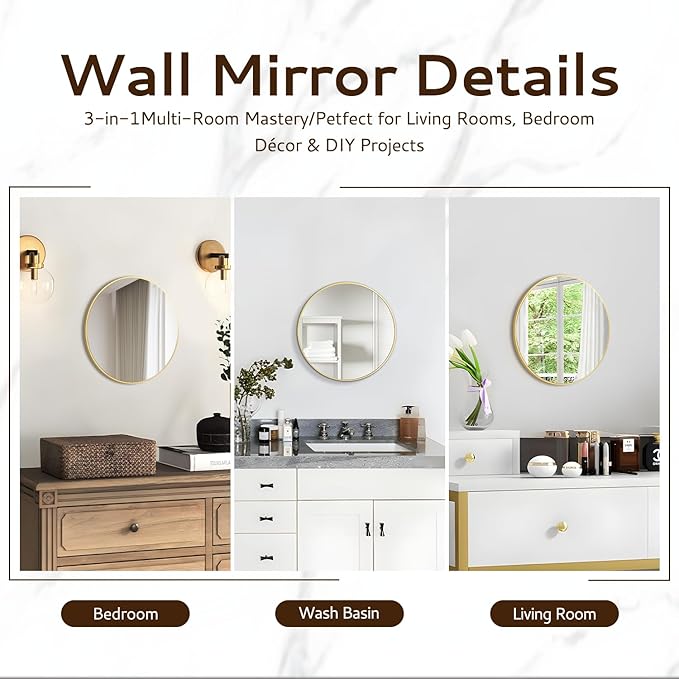 12 Inch Gold Round Bathroom Mirror Circle Wall Mirrors Brushed Metal Frame - Image 6