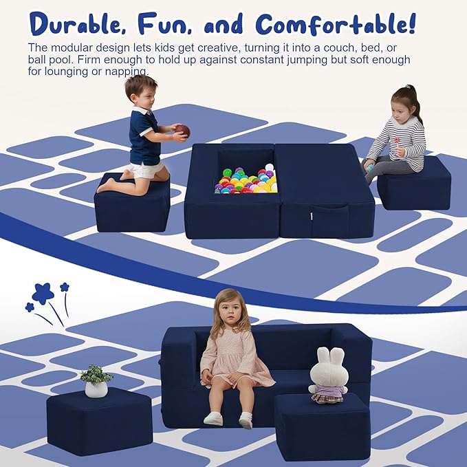 MeMoreCool Convertible Modular Kids Foam Play Couch Sofa – Navy Fold-Out - Image 3