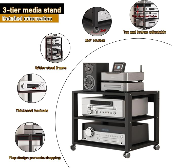 3 Tier Audio Rack Tower, CD Record Player Stereo Receiver AV Equipment Cabinet - Image 3