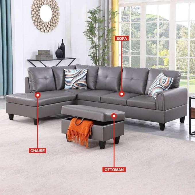 Dark Grey L-Shaped 3-Piece Faux Leather Sofa - Image 3