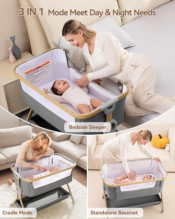 Larex 3 in 1 Baby Bassinet Bedside Sleeper, Breathable Mesh Safe Bedside - Image 4