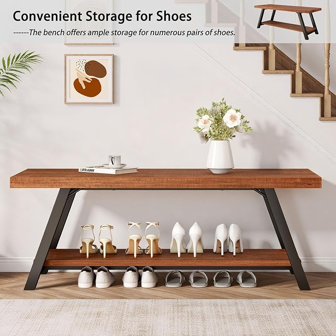 IBF Solid Wood Entryway Bench, Natural Real Wood Storage Bench, Farmhouse - Image 6