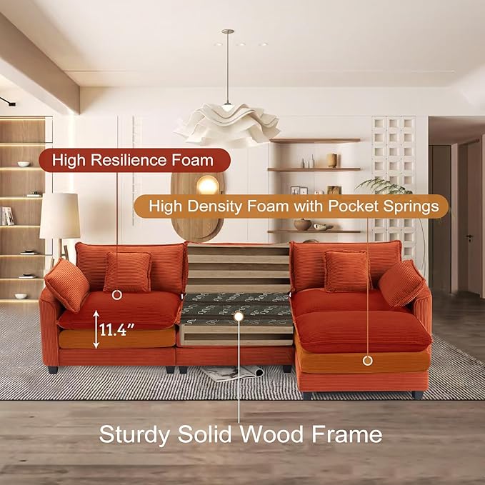 Furniliving 117‘’ L-Shaped Sofa, Luxury Corduroy Modular Sectional Couches - Image 3