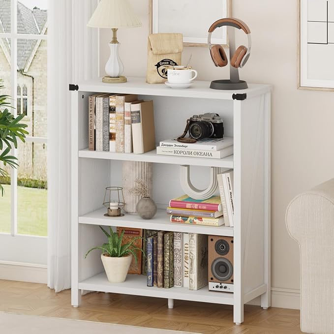 BON AUGURE White Bookcase, 3 Shelf Bookshelf, Farmhouse Wooden Book - Image 2