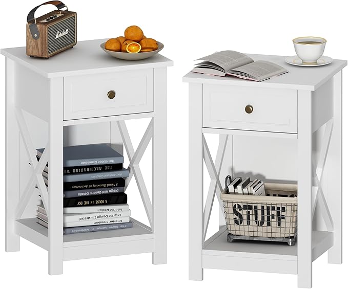 Treocho White Nightstand Set of 2, Modern X-Design Night Stand, Bedside End by Treocho