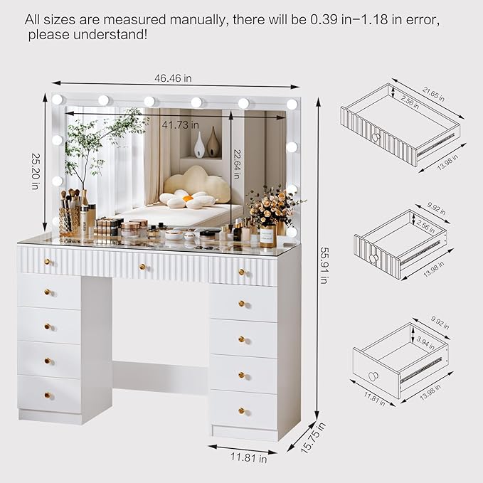 Fluted Makeup Vanity Desk with 46" HD Lighted Mirror, Big Modern Vanity Desk - Image 3