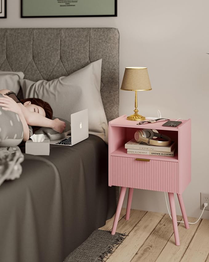 Nightstand with Oultlet, Modern Bedside Table with Storage Drawer and Open Wood - Image 3