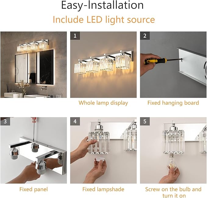 Modern 4-Light Chrome Crystal Bathroom Vanity Light Fixtures - Image 6