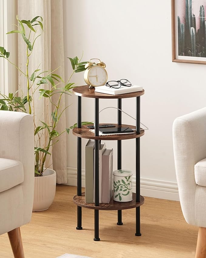 Round Side Table with Charging Station, Small Round End Table, 3-Tier Sofa Side - Image 3