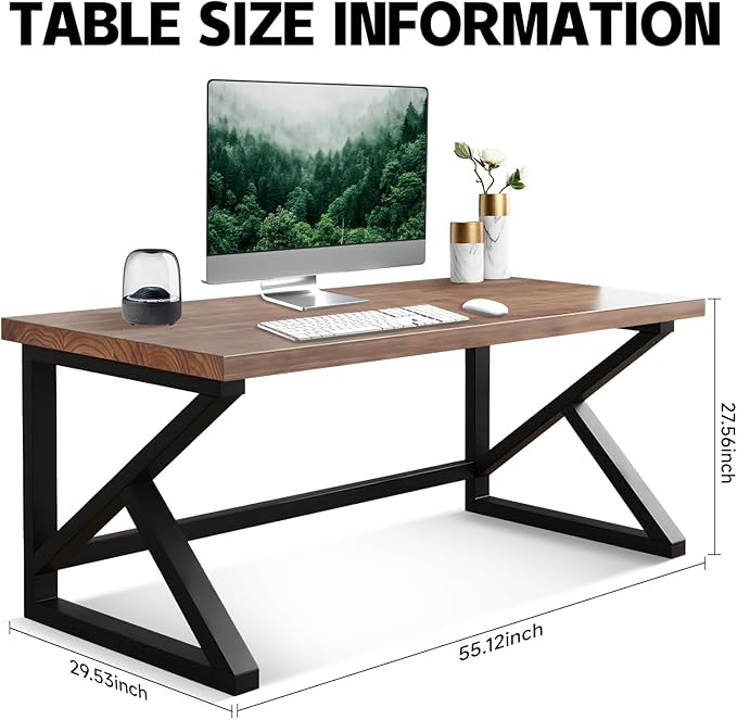 Solid Wood Computer Desk, Rustic Style 55-inch Large Office Desk- Modern Gaming - Image 5