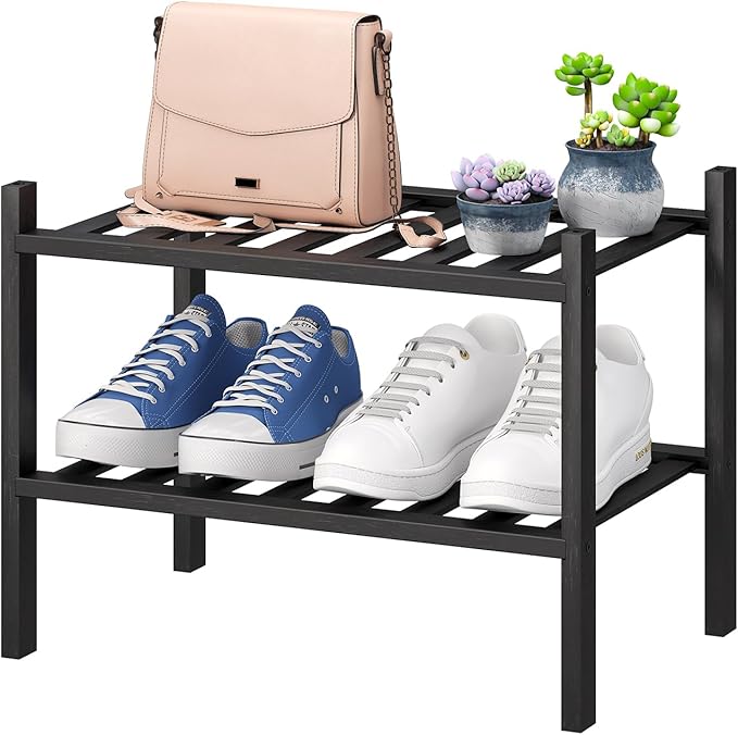 Black Small Shoe Rack for Entryway, 2-Tier Bamboo Shoe Organizer for Hallway by VIEWCARE