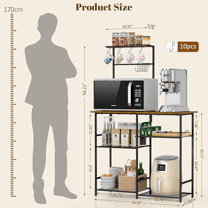 Baker's Rack for Kitchen with Storage, Microwave Stand with Adjustable Shelves - Image 2