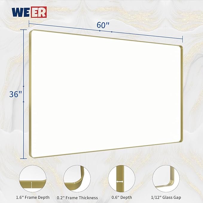 WEER Gold Bathroom Mirror, 60X36 Inch Brushed Gold Metal Frame Mirror, Rounded - Image 6