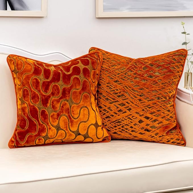 Yangest Orange Square Throw Pillow Cover Wavy Velvet Cushion Cover Modern - Image 7