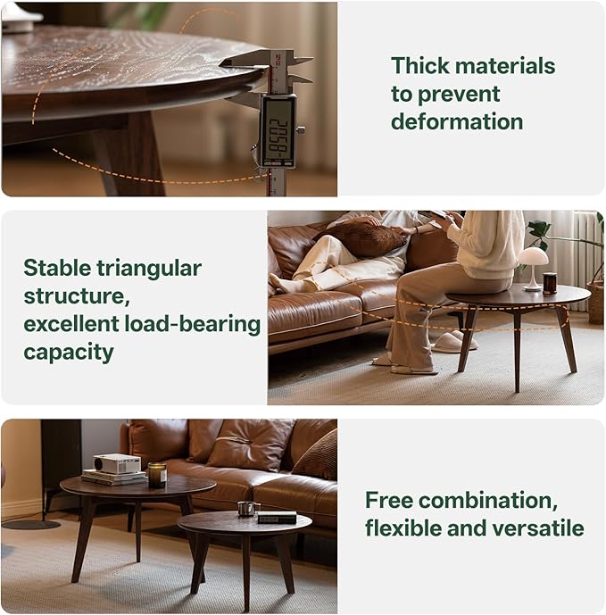 100% Solid Oak Wood Coffee Table Set, Round Coffee Table Combo Side Table - Image 4