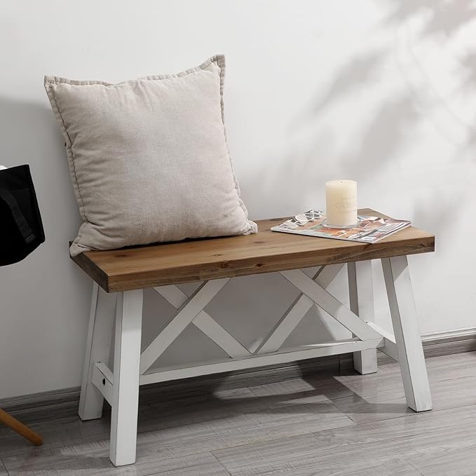 Wnutrees 30" Farmhouse Wood Bench, Rustic Solid Wood Entryway Bench Seat - Image 6