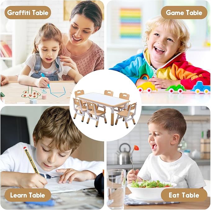 Kids Table and Chair Set Height-Adjustable Toddler & 6-Chair Set - Image 6