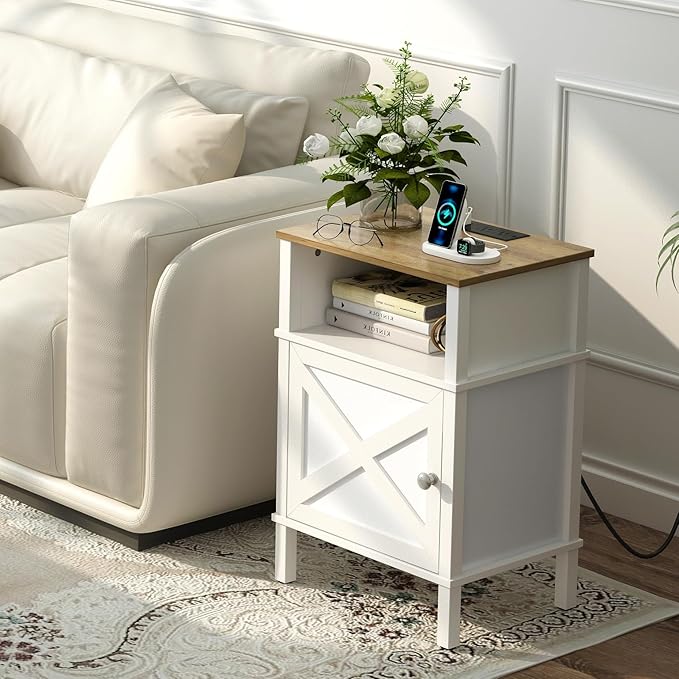 Farmhouse Nightstand with Charging Station, End Table with Storage, Night Stand - Image 6