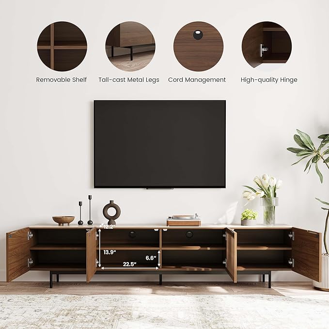 POVISON Mid Century Modern Sintered Stone TV Stand, Slatted Media Console TV - Image 5