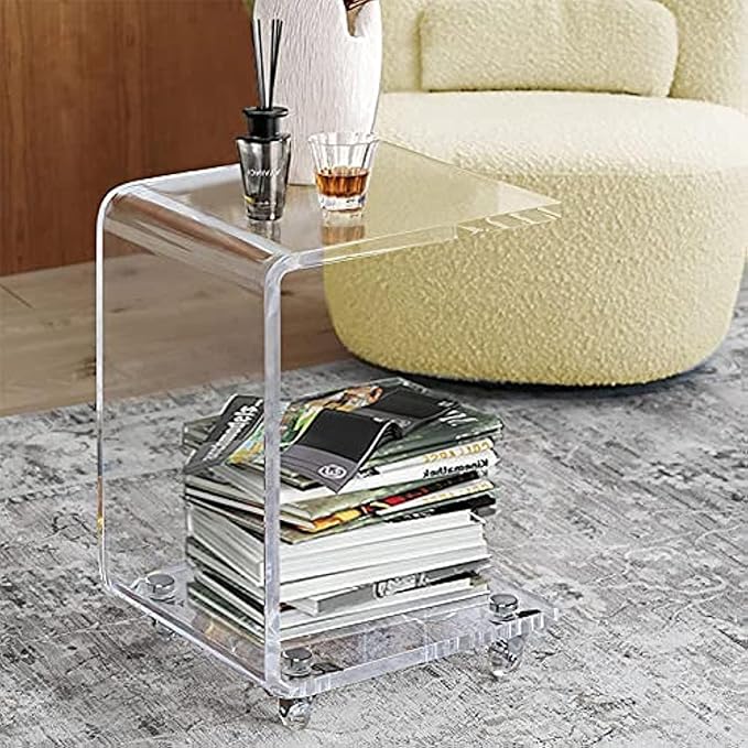 ONELUX Mobile C Shaped End Table, Acrylic Sofa Side Table, Snack Table On Wheels by OneluxAcrylichome