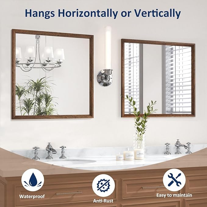 WEER Bathroom Mirror, 40x36 Inch Wall Mirror, Walnut Wood Grain Framed Mirror - Image 5