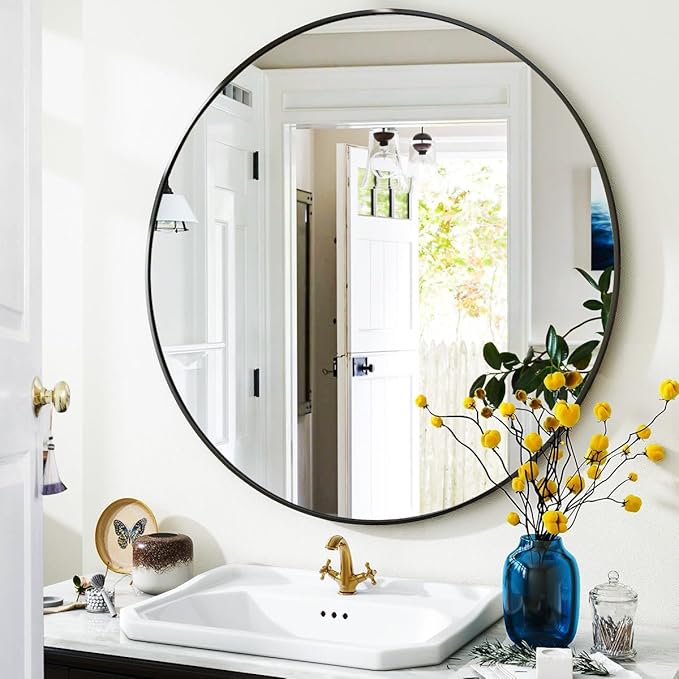 Black Round Bathroom Mirror, 30 inch Circle Wall Mounted Hanging Mirror - Image 7