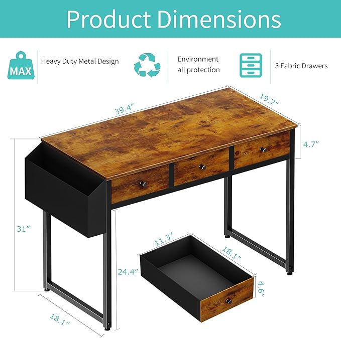 Lufeiya 40 Inch Desk with Drawers - Image 3