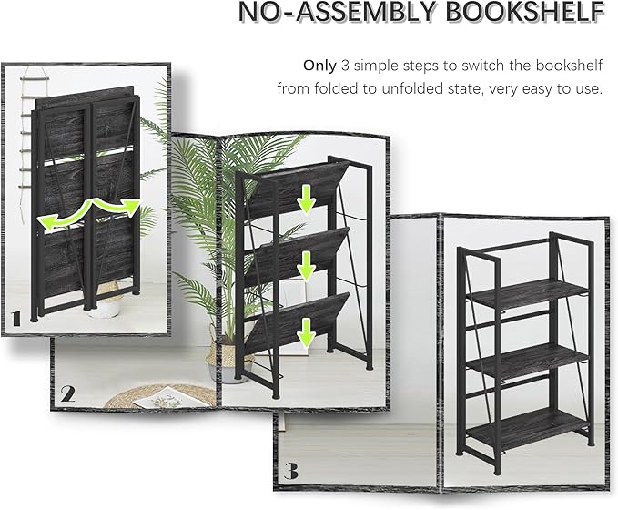 4NM No-Assembly Folding Bookshelf Storage Shelves 3 Tiers Vintage Bookcase - Image 7