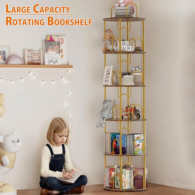 5 Tier Rotating Bookshelf, 360° Spinning Bookshelf Tower, Round Narrow Space - Image 4