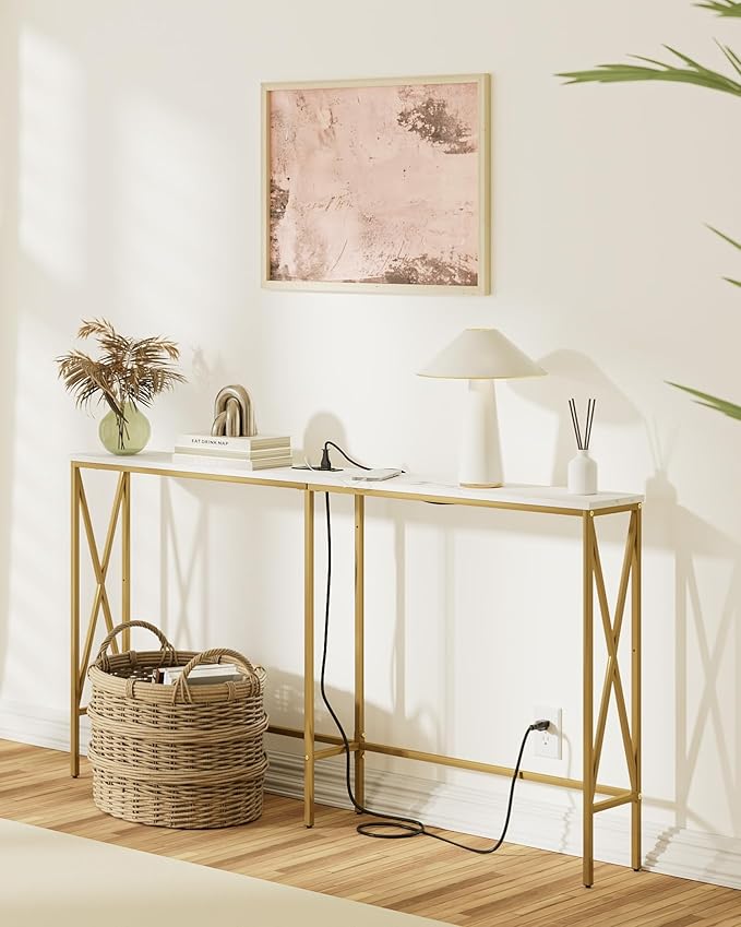 Masupu 63" Console Table with Power Outlet, Modern Narrow Long Sofa Table - Image 2