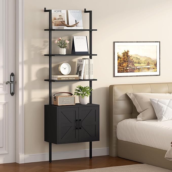 Yusong 73" Tall Bookshelf with Cabinet, Industrial Ladder Wall Mount Shelf - Image 7