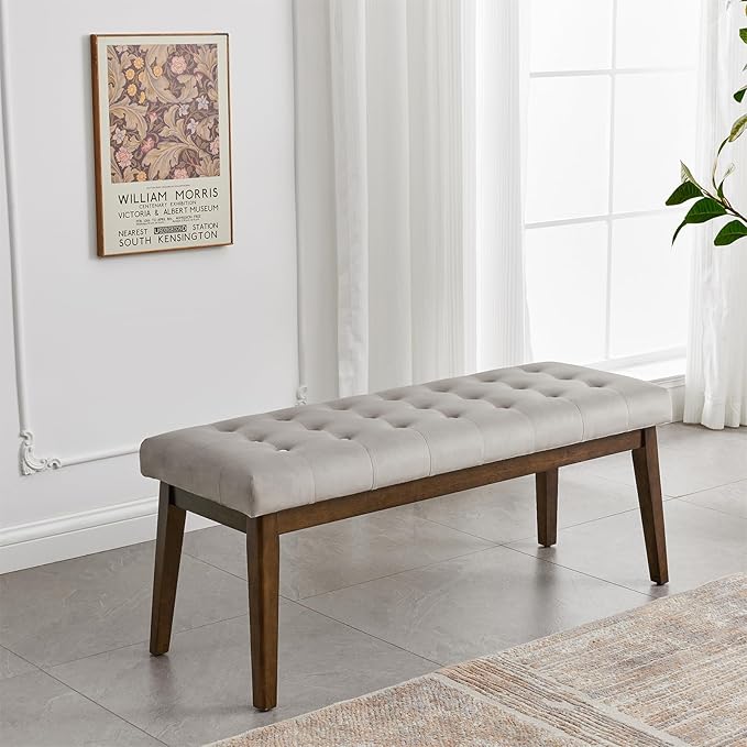End of Bed Bedroom Bench, Linen Upholstered Tufted Bench - Image 5