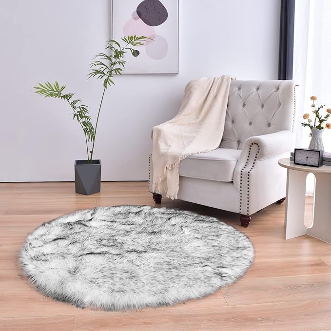 duduta White Black Faux Sheepskin Round Rug 4x4 ft, Fluffy Shag Fur Bedroom - Image 5