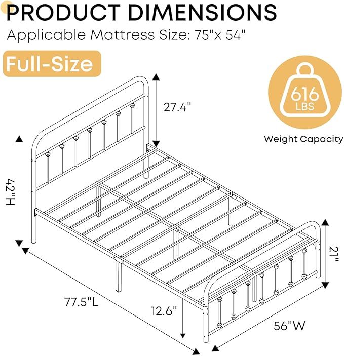 Full Size Bed Frame-Classic Metal Platform Bed Frame Mattress Foundation - Image 2