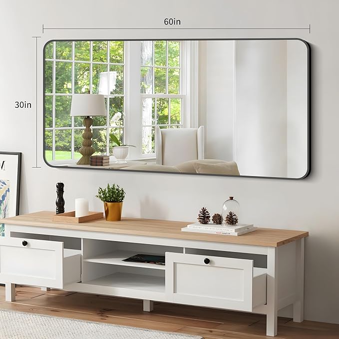 Bathroom Mirror, 30x60 inch Black Rectangle Wall Mirror, Metal Frame Rounded - Image 5