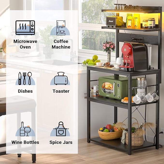 Aheaplus Bakers Rack with Power Outlet, Microwave Stand, 5 Tiers Coffee Bar - Image 7