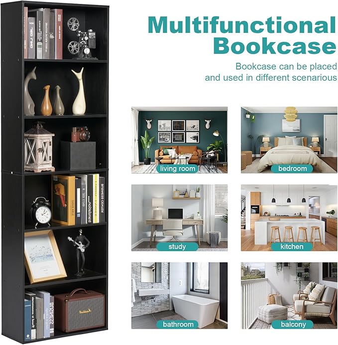 6-Tier Book Shelf, Floor Standing Open Bookcase, Wooden Display Storage Shelves - Image 7