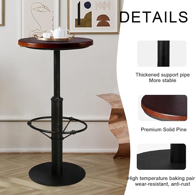 LOKKHAN 42" Tall Rustic Industrial Bar Table-19.68" Dia Round Wooden Top Metal - Image 5