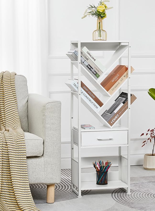 Bookshelf with Drawer, 8 Tier Tree Bookcase Retro Floor Standing Bookshelves - Image 7