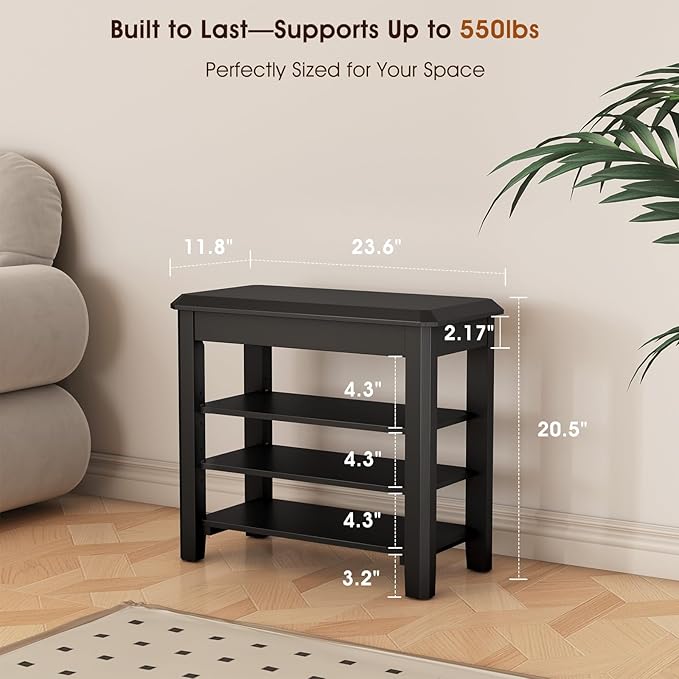 Shoe Rack Bench Seat Rubberwood 3-Tier Wooden Storage Bench 550lbs Compact - Image 2