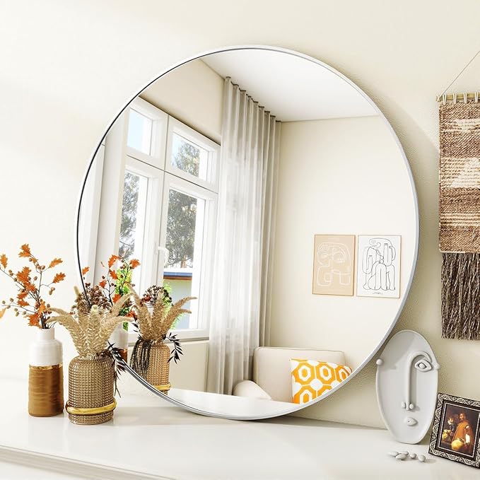 Silver Round Bathroom Mirror, 30 inch Circle Wall Mounted Hanging Mirror - Image 2