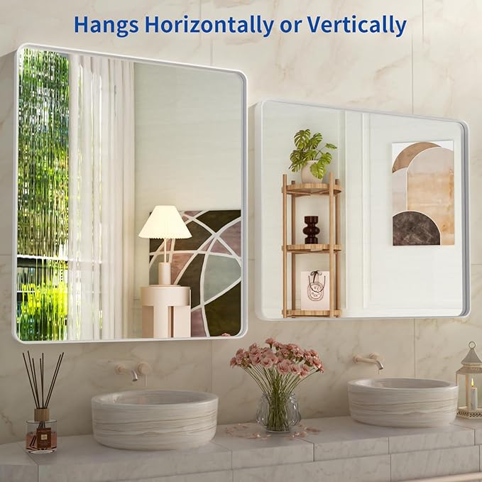 WEER White Bathroom Mirror 36X30 Inch, Rounded Rectangle White Metal Frame - Image 5